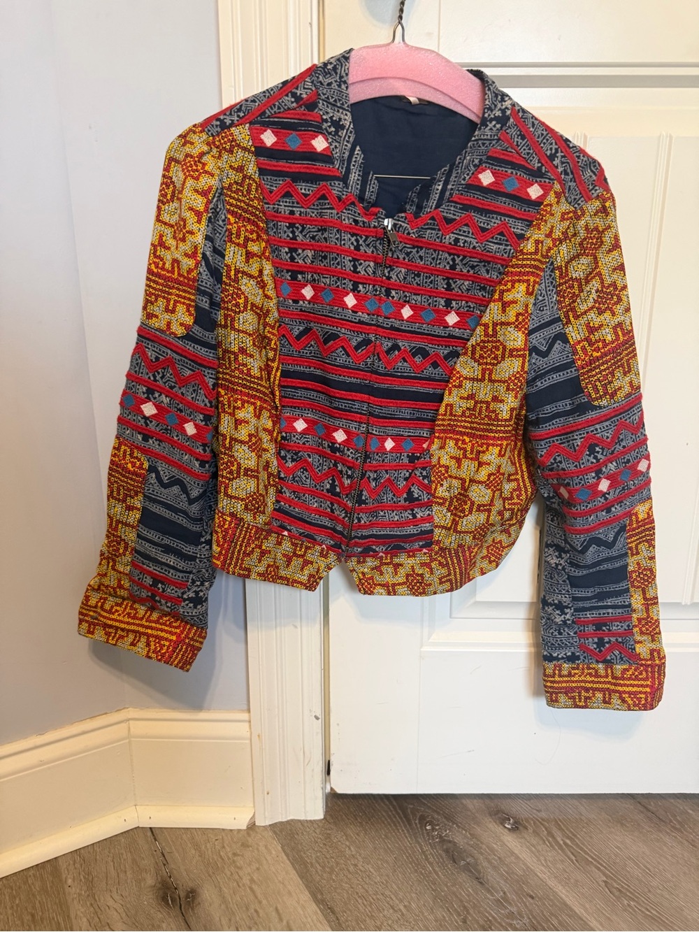 Free People Multicolored Geometric Patterned Jacket - Red, Yellow & Navy
